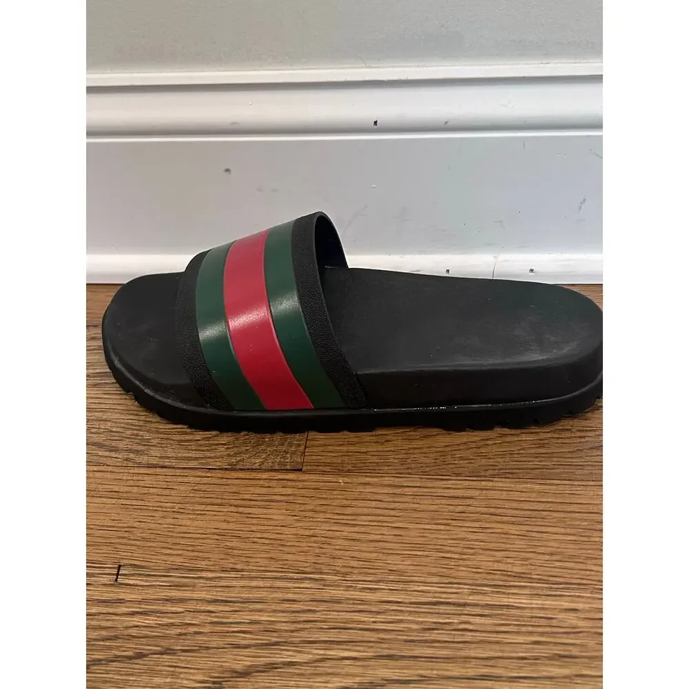 Gucci Mens Sz 10 Web Rubber Slide Sandals Black Green Red Pursuit Pool LEFT ONLY